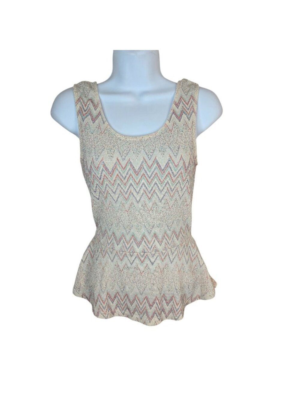 Vintageβ70s Chevron Sleeveless Peplum Top Open Back Ivory Womens S Stretch Disco